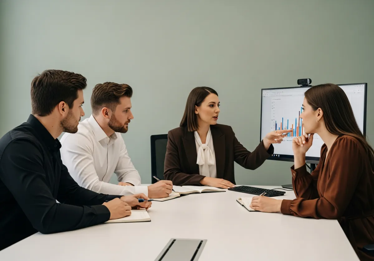 Equipa a analisar gráficos numa reunião